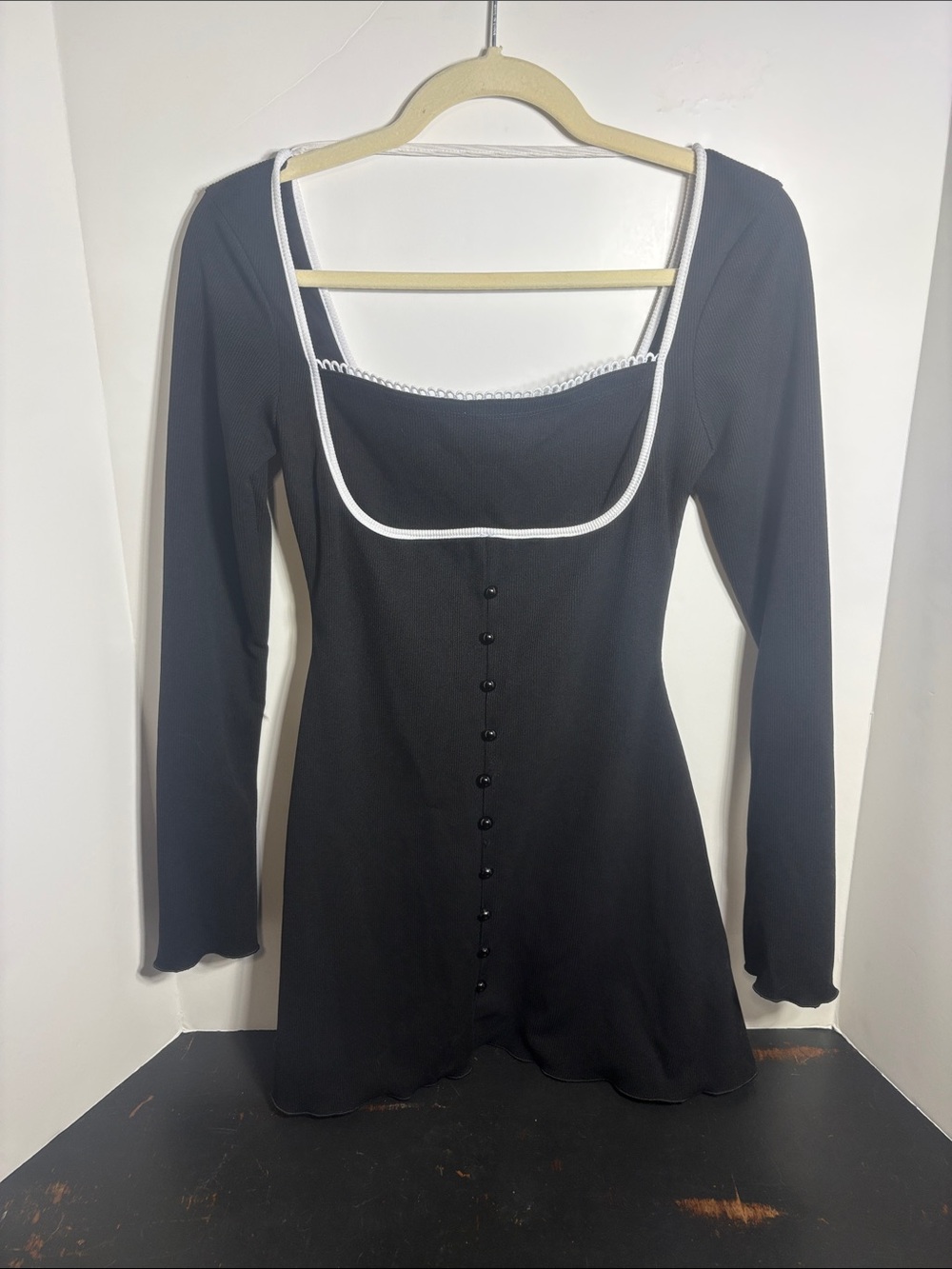 Black Long Sleeve Mini Dress White Contrast Trim Square Neck Button Front